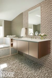 Contemporary bathroom with floating vanity designed by Heidi Pribell.