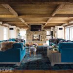 Rustic Farmhouse Washington Connecticut Family Room with Blue Couches