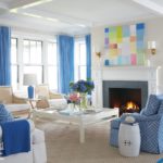 Nantucket Blue and White Living Room with Fireplace and Contemporary Art