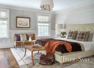Master bedroom with relaxed Roman shades and grasscloth wall covering