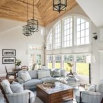 Large family room with wood ceiling