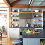 Country kitchen with wood shelves