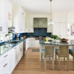 White kitchen with blue countertops