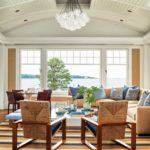Shope Reno Wharton Shingle style home family room with vaulted ceiling