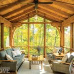 Vermont shingle style home potting shed with timber-frame screened porch