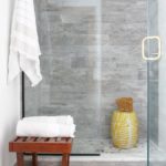 master bathroom, hardwood tile, stone shower