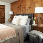 master bedroom, rustic, wood walls, Lucite nightstands