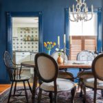 dining room, Hague Blue, vintage chandelier,