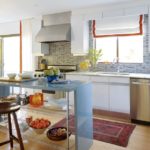 kitchen, gray tile backsplash, custom-built island in high-gloss lacquer