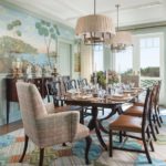 Dining room in pale shades of blue, green and orange