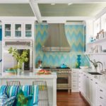 kitchen with white cabinets and a blue and green backsplash