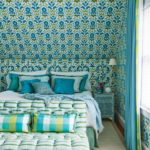 bedroom with blue and green floral wallpaper