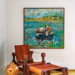 Midcentury rosewood campaign chair and contemporary art