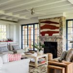 Living room with stone fireplace