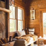 window seat with rustic wood walls