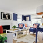 Living room with blue and orange furnishings