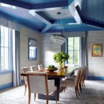 Dining room with paneled blue ceiling