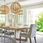 Dining area with two large jute pendants