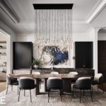 Contemporary dining room with a dramatic painting and chandelier