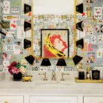 Powder room with playing card wallpaper