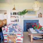 Red, white, and blue coastal living room