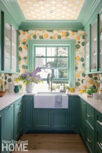 Pantry with bold wallpaper and green cabinetry