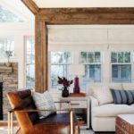 Family room with rustic wood beams.