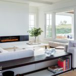 Contemporary living room with linear gas fireplace