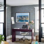 Office with gray wallpaper and a plum-colored desk