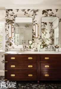 Bathroom with Schumacher's Pyne Hollyhock wallcovering and fabric.
