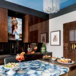 Kitchen with a blue agate countertop.