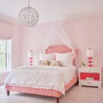 Pink and white girl's bedroom with Sister Parish wall paper