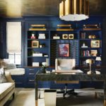 Home office with blue cabinetry