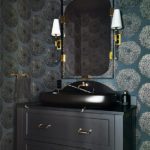 Powder room with blue patterned wall paper