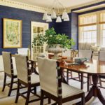 Dining room with blue grasscloth