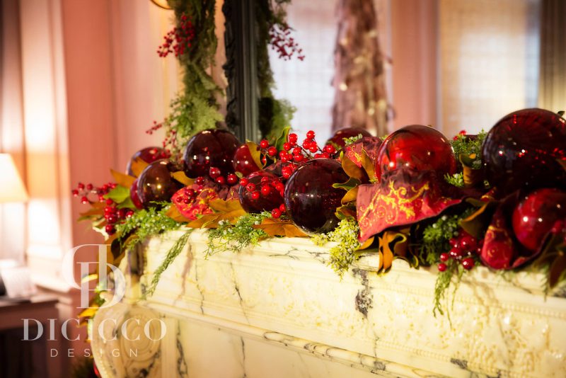 Luxe mantel holiday decor in red and green 