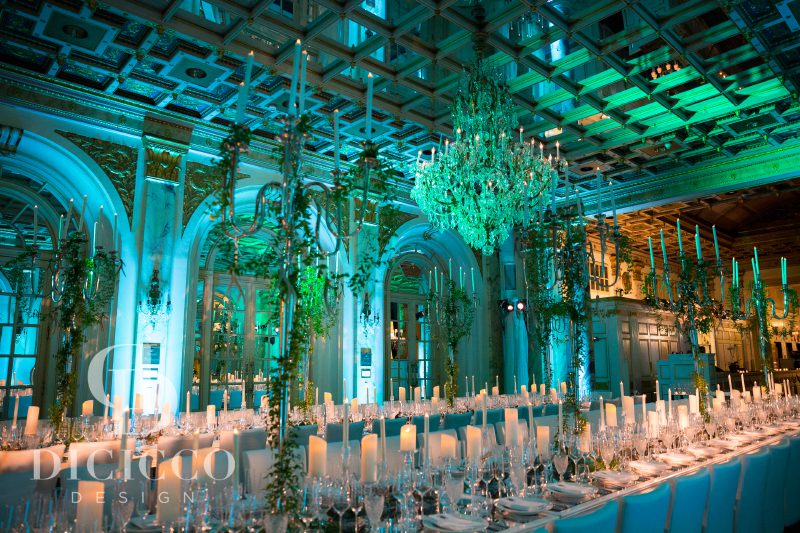 Grand ballroom decorated for a holiday party by DiCicco Design