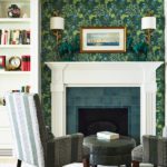 Dining room fireplace with green tile surround