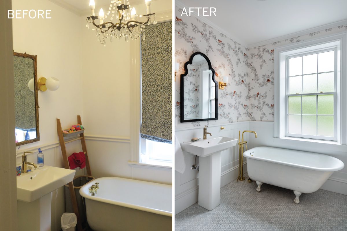Before and after of a bathroom in a historic Boston home 