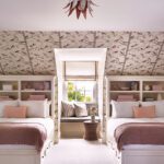 Bedroom with two beds and wallpaper with birds