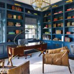 Office with blue lacquered cabinetry