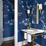 Powder room with flowering magnolia wallpaper