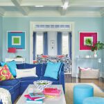 Family room decorated in turquoise and royal blue