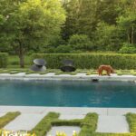 Swimming pool with contemporary landscaping and sculptures
