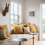 Large window seat with gray and yellow pillows
