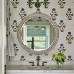 Bathroom with white vanity and floral wall paper