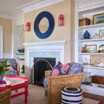 Red, white and blue room with grasscloth wallcovering