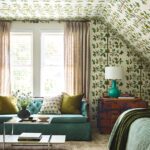 Cozy third floor sitting room with patterned Pierre Frey wallpaper.