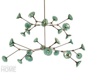 Olivia 28 chandelier in antique bronze with ocean-green handblown glass shades by Gordon Auchincloss