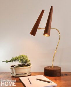 Chester desk lamp in aged brass and black walnut by Gordon Auchincloss